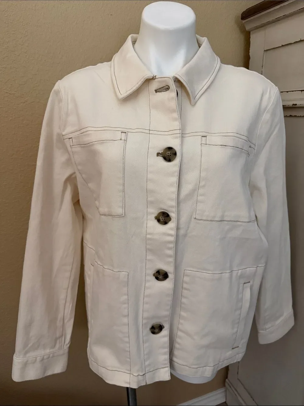Christopher & Banks Cream Button-Front Utility Barn Jacket